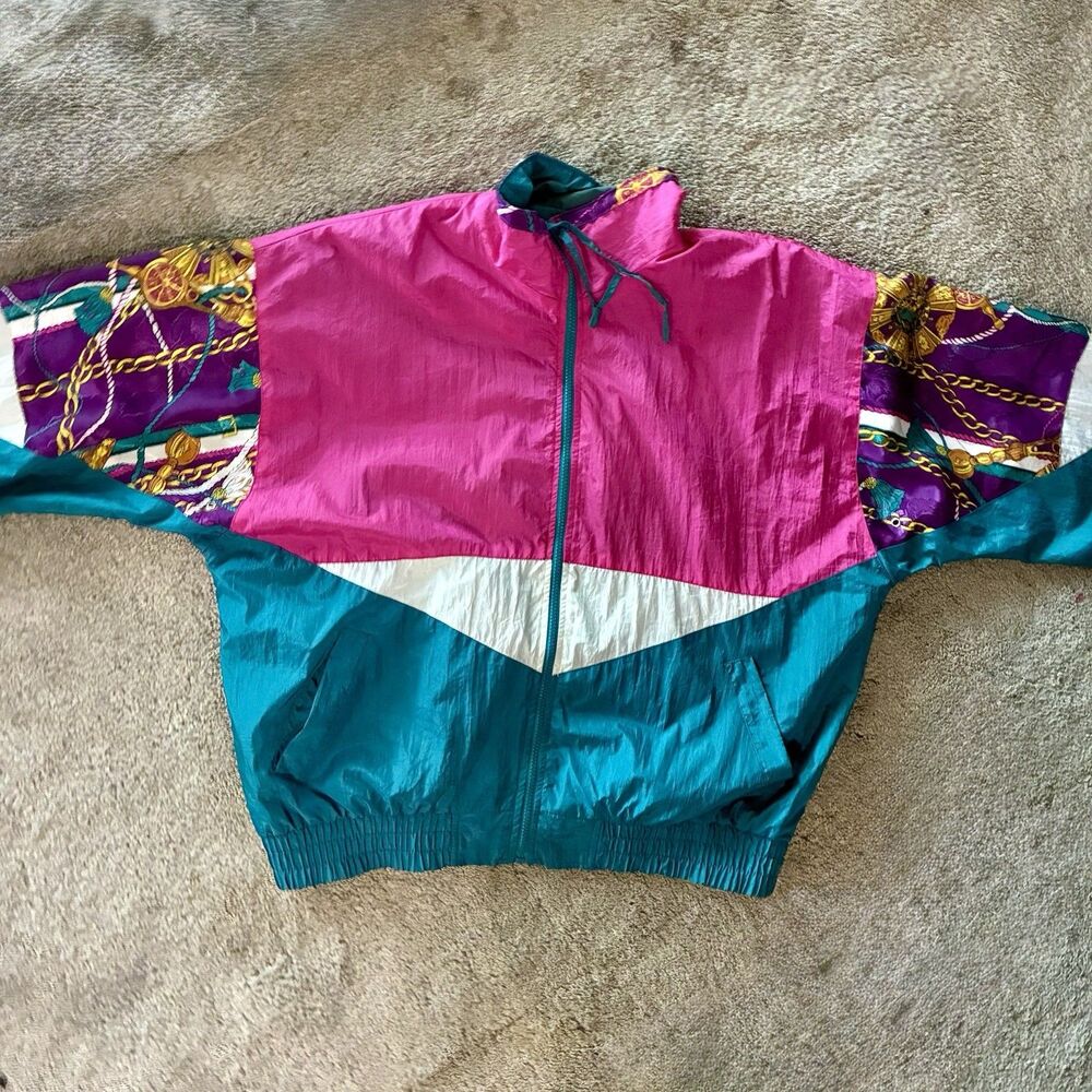 Vintage 80s Color Block Windbreaker Jacket Pink Teal Equestrian Scarf Print Sz L - Picture 2 of 11